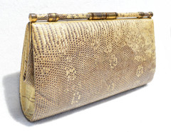 Large Pale Yellow & Brown 1950's-60's MONITOR (Ring) Lizard Skin CLUTCH - w/ Fold-In Handle