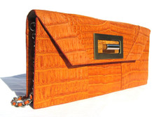 Burnt ORANGE & Tan 1990's-2000's Crocodile Belly Skin CLUTCH Shoulder Bag - ITALY