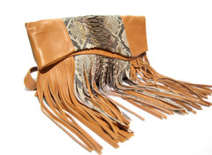 STUNNING Early 2000's Metallic PYTHON Snake Skin & Cognac Leather FRINGED Cross Body Shoulder Bag CLUTCH Bag