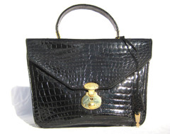 Unique  JET BLACK 1990's CROCODILE Handbag Shoulder Bag - Lock & Key!