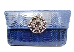 Electric BLUE Jeweled 1980's-90's Cobra Snake Skin Clutch Shoulder Bag - J. Renee