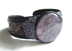 New! Violet Purple AGATE & Genuine PYTHON Snake Skin Leather CUFF