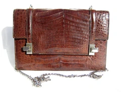 Dark Brown 1980's CROCODILE Caiman Skin Shoulder Bag w/Silver Chain - PISK!