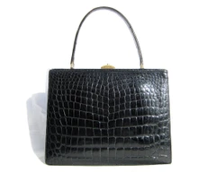 TRES CHIC 1960's Jet Black CROCODILE Belly Skin Handbag