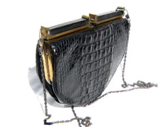 1970's-80's BLACK Hornback CROCODILE Skin & Leather Shoulder Cross Body Bag - ITALY