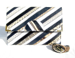 1980's Striped Cobra Snake Skin & Lizard Clutch Bag - DAME - w/Matching Leather 