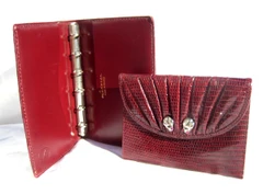 SET -  Burgundy Red Lizard Skin Judith Leiber Wallet w/Frogs & Mini Lederer Note