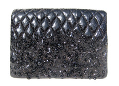 1980's-90's JUDITH LEIBER Quilted Black Beaded Snake Skin Clutch Evening Bag