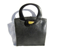 Mini 1940's BLACK Lizard Skin Handbag - Double Sturctured Handles - Stone Embell