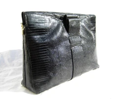 Classic XL WALTER KATTEN Black 1980's Lizard Skin CLUTCH Shoulder Bag