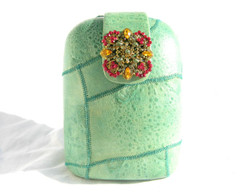 Jeweled MINT GREEN 1980's GENUINE FROG SKIN Clutch Shoulder Bag