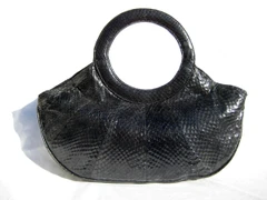 1980's XL 16" Jet BLACK Snake Skin Handbag - Double ROUND Handles