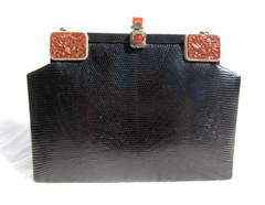 Black JEWELED 1970's LIZARD Skin Shoulder Bag - LA JEUNESSE