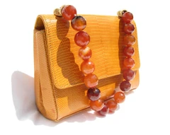 ORANGE Early 2000's LIZARD Skin Handbag -Heavy BEADED Handle front!