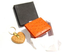 2000's Tan Ostrich Skin Heart-Shaped Key Chain & Orange Ostrich Change Purse