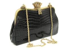 1960's Black ALLIGATOR Belly Skin Handbag w/ Chunky Clasp & Stone Details!