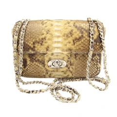 Classic Chanel-Style Early 2000's Pale Yellow & Tan PYTHON Skin Shoulder Cross B