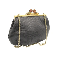 JACOMO Double CHERRIES Lovely 1960's Jeweled Black LIZARD Skin Shoulder Bag