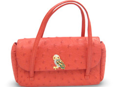 Tomato RED 1960's Mini OSTRICH Skin Handbag w/OWL - KORET