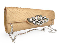 Early 2000's TImeless Jeweled Pale GOLD Python Snake Skin Slim Clutch Shoulder Bag - FALCHI