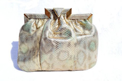 Petite SHARIF 1970's-80's Metallic Iridescent Gold Leopard Print Karung Snake Skin Clutch Cross Body Bag