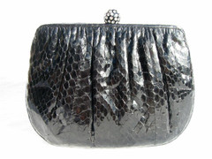 BLACK Jeweled 1980's COBRA Snake Skin CLUTCH Evening Bag