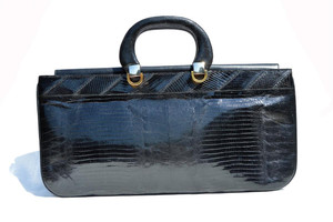  XL 17" Long SAKS FIFTH AVENUE Jet Black 1970's-80's Lizard Skin Handbag BRIEF - Italy 