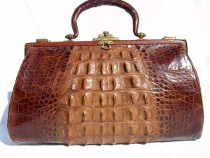  HUGE Early 1900's Brown Edwardian Hornback Alligator Handbag 