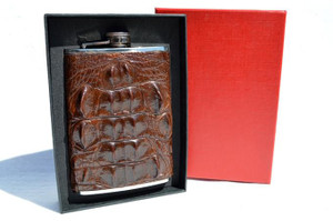  Custom  Brown HORNBACK Alligator Skin 8 Oz. Stainless Hip FLASK w/Box - NEW! 