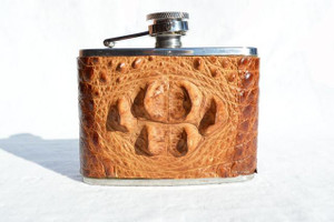  Custom Light Brown and Tan HORNBACK Crocodile Head Skin 4 Oz. Stainless WHISKEY Flask - NEW! 