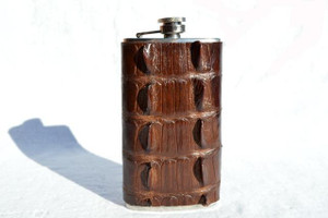  NEW! Tall Custom Brown HORNBACK Alligator Tail Skin 6 Oz. Stainless Hip FLASK 
