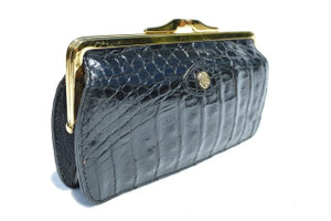  Large 1980's-90's Jet Black Caiman Crocodile Change Purse Wallet 