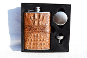  Custom Light Cognac HORNBACK Alligator Skin 8 Oz. Stainless Hip FLASK Set - NEW! 