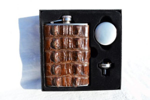  Custom Brown HORNBACK Alligator Skin 8 Oz. Stainless Hip FLASK Set - NEW! 