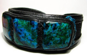  New! Triple AZURITE & Genuine STINGRAY Skin Leather CUFF 
