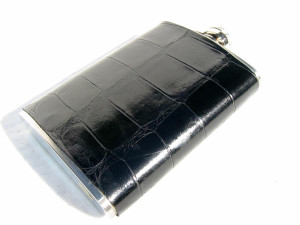  NEW! 2006 JET BLACK 8 Oz Alligator Belly Skin Whiskey Hip FLASK Set 