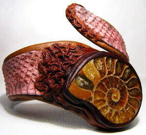  New! AMMONITE *Fossil*& PINK COBRA Snake Skin CUFF Bracelet 