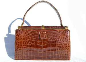  Classic 1950's-1960's LUCILLE de PARIS Chocolate Brown ALLIGATOR Belly Skin Handbag 