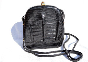  Lovely 1980's-90's BLACK Crocodile Belly Skin CROSS Body SHOULDER Bag - Budd Leather 