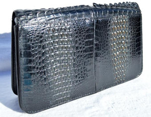  1950's-60's Black Double Hornback CROCODILE Clutch Shoulder Bag 
