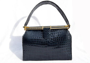  NAVY BLUE 1950's-60's CROCODILE Belly Skin Handbag 