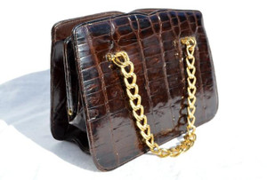  BELLESTONE 1950's-60's Chocolate Brown Alligator Skin Handbag 