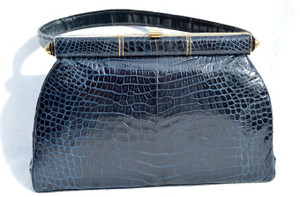  NAVY BLUE 1950's-60's CROCODILE Belly Skin Handbag - Gout de Paris 