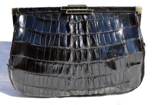  Petite Jet Black 1930's-40's HORNBACK Crocodile Tail CLUTCH Evening Bag 