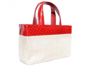  RED Alligator Belly Skin & Canvas Handbag Tote - Elizabeth 