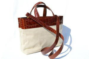 XL MAXIMA Cognac Alligator Belly Skin & Canvas Handbag Shoulder Bag Tote - Titti Del'Aqua - ITALY XL MAXIMA Cognac Alligator Belly Skin & Canvas Handbag Shoulder Bag Tote - Titti Del'Aqua - ITALY