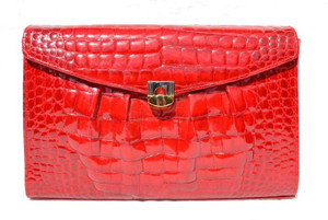 CHERRY RED 1990's-2000's Glossy Crocodile Belly Skin Shoulder Bag CLUTCH - Tags! 