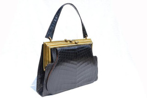  Unique Jet Black 1940's-50's Crocodile Handbag - Argentina! 