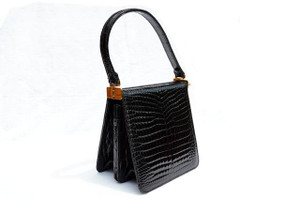  Unique Jet BLACK 1990's Baby Alligator Belly Skin Handbag - CONTESSA ANNA - ITALY 