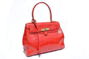  RED 1990's-2000's ALLIGATOR Belly Skin BIRKIN Style Handbag w/Lock & Key! 